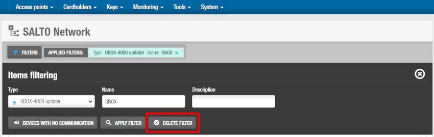 'Delete filter' button on the 'Items filtering' dialog box