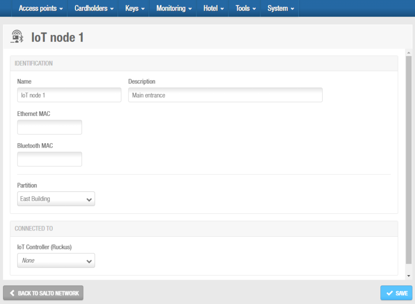 'IoT node (Ruckus)' information screen