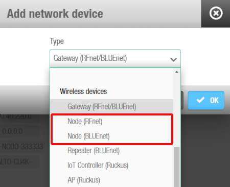 'Add network device' dialog box - 'RF node' drop-down list