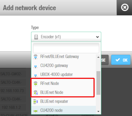 'Add network device' dialog box - 'RF node' drop-down list