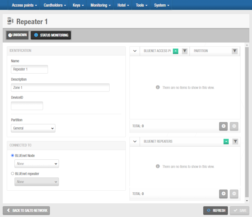 Access points and repeaters panels - 'BLUEnet repeater' information screen