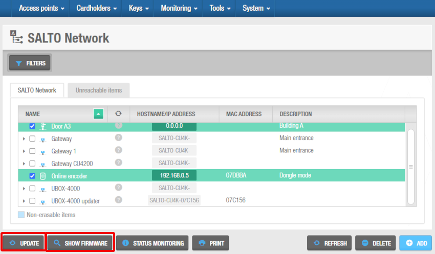 'Update' and 'Show firmware' buttons in the 'SALTO Network' screen