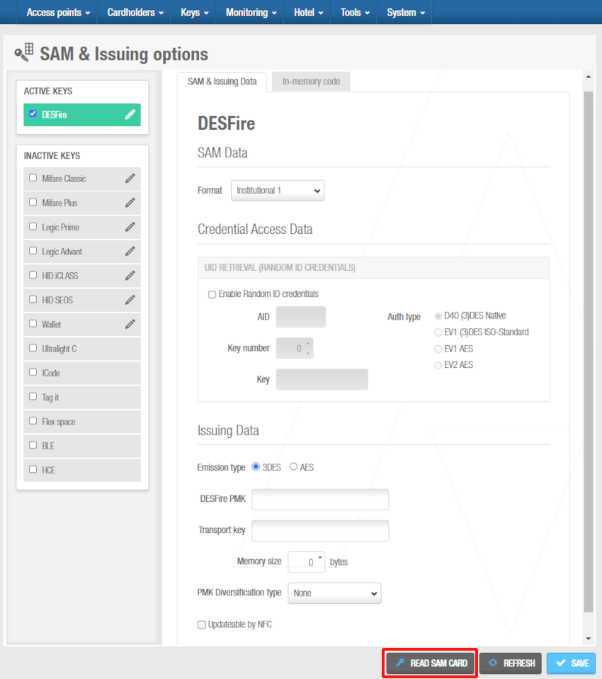 DESFire keys - 'SAM & issuing data' tab