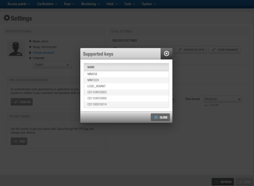 'Supported keys' dialog showing Legic Advant option 'Supported keys' dialog Legic