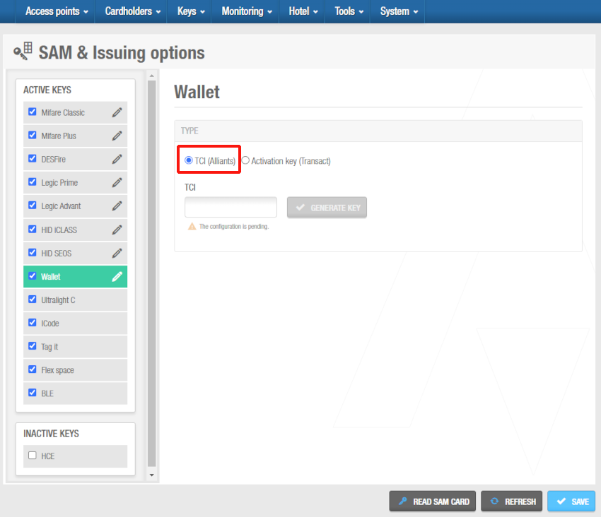 Wallet TCI (Alliants) settings