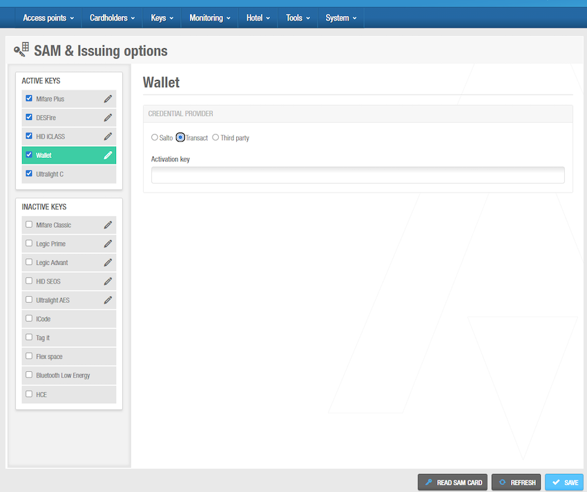 Wallet Transact settings