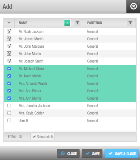 Attendance configuration users dialog box