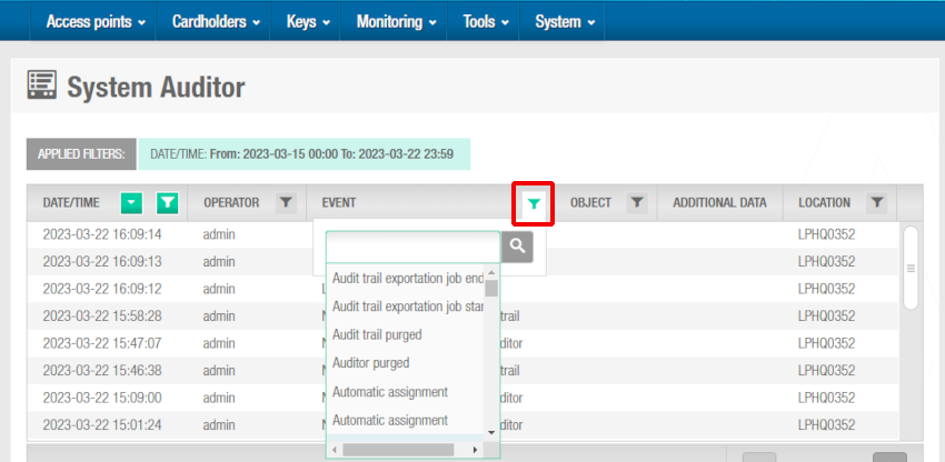 'System auditor' data filtering