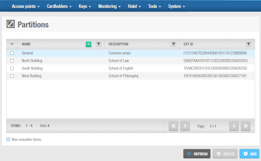 'Partitions' screen