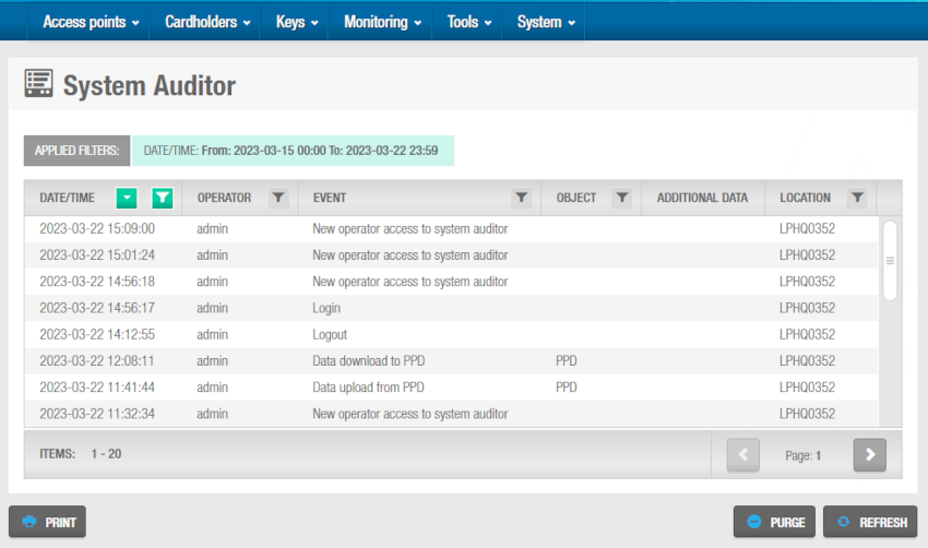 'System auditor' information screen