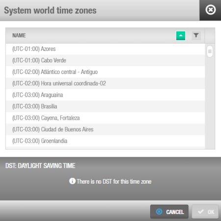 'System world time zones' dialog box