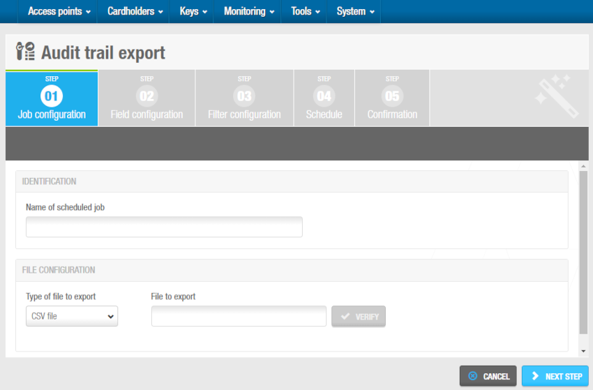 'Job configuration' screen - Audit trail export