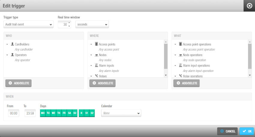 'Audit trail event' trigger type on the 'Edit trigger' screen