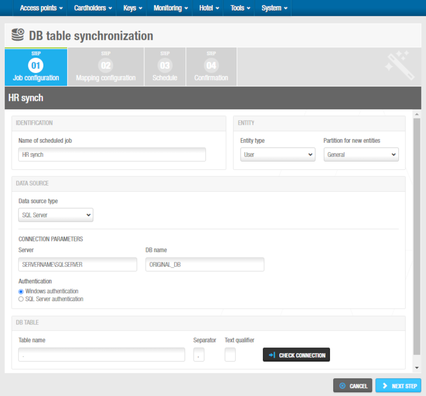 DB table job configuration