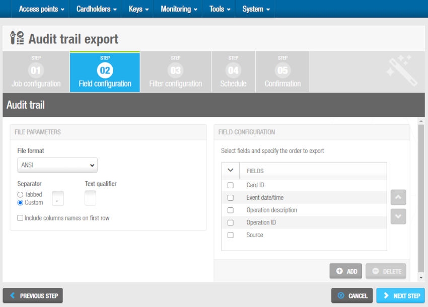 'Field configuration' screen - Audit trail export