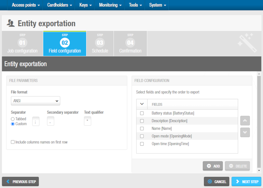 'Field configuration' screen - Automatic entity exports