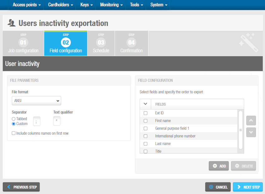 'Field configuration' screen - Automatic users inactivity exportation