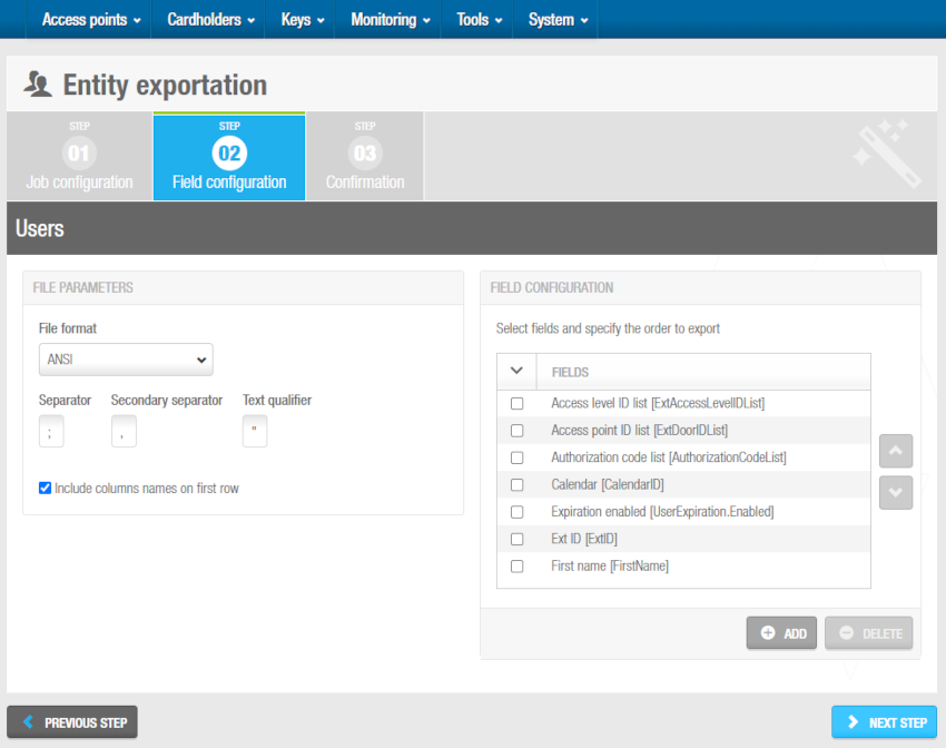 Fields selected in the 'Field configuration screen'