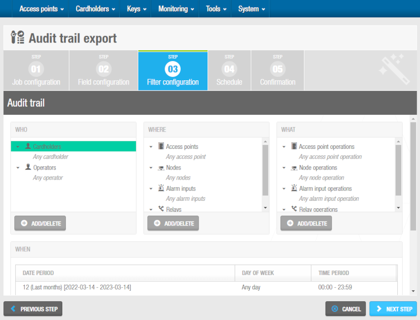 'Filter configuration' screen - Audit trail exportation