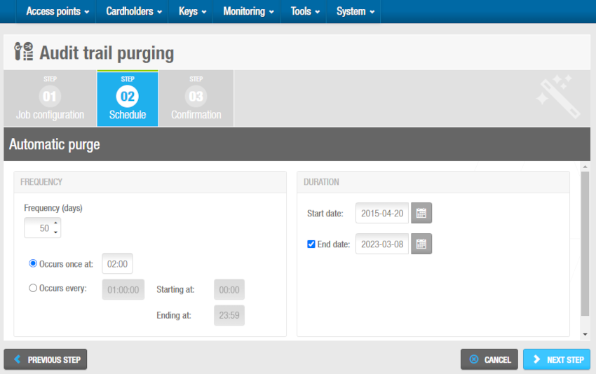 Automatic audit trail purging - 'Scheduled jobs' screen