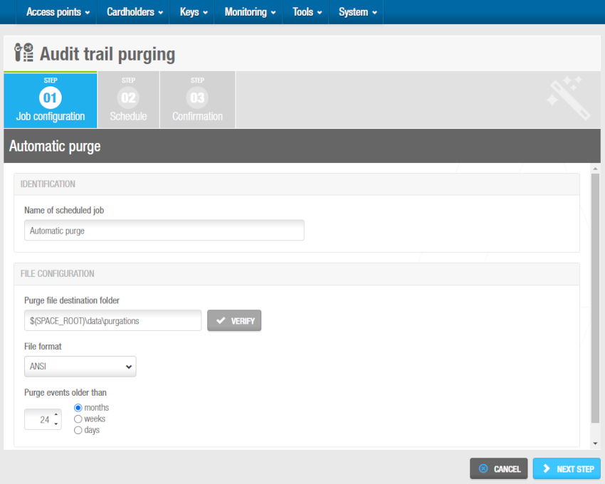 Automatic audit trail purging - 'Job configuration' screen