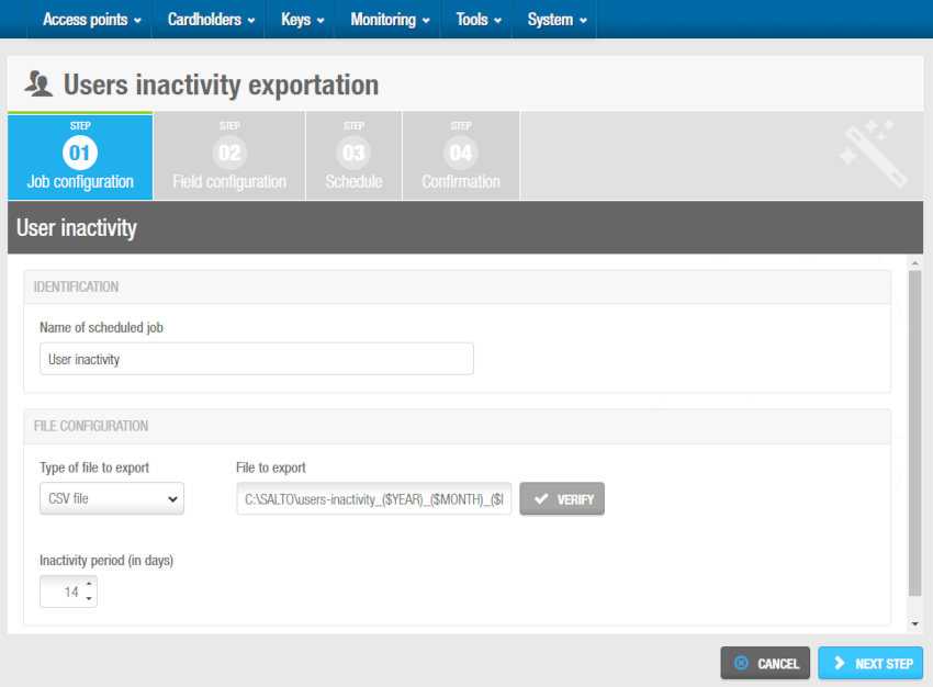 'Job configuration' screen - Automatic users inactivity exportation