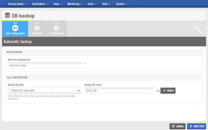 Automatic database backups - 'Job configuration' screen in restrictive mode