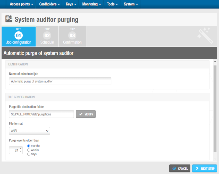 Automatic system auditor purging - 'Job configuration' screen