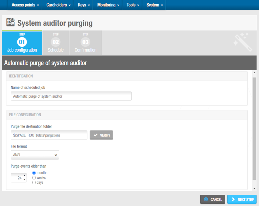 Depuración automática del auditor del sistema - Pantalla 'Configuración del trabajo'