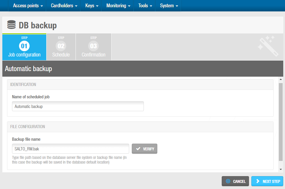 Automatic database backups - 'Job configuration' screen