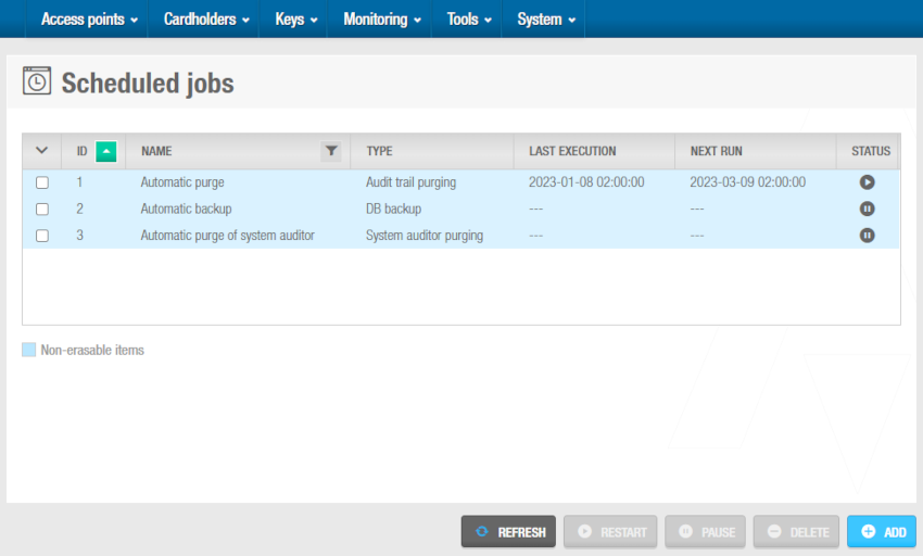 'Scheduled jobs' screen