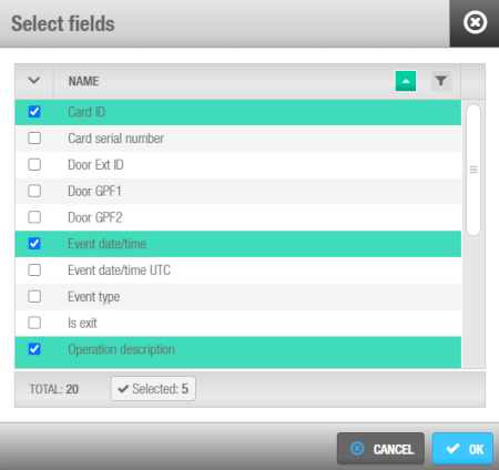 'Select fields' dialog box - Audit trail exportation