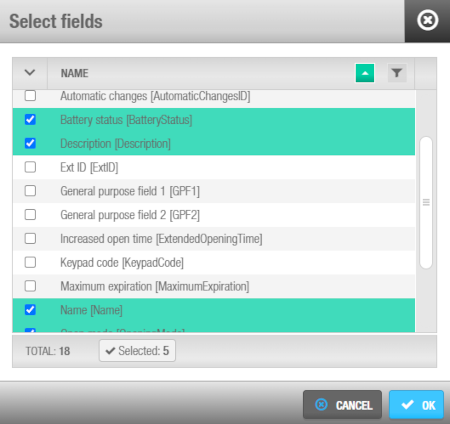 'Select fields' dialog box - Automatic entity exports