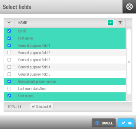 'Select fields' dialog box - Automatic users inactivity exportation