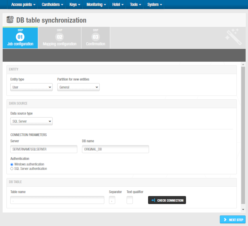 DB table job configuration