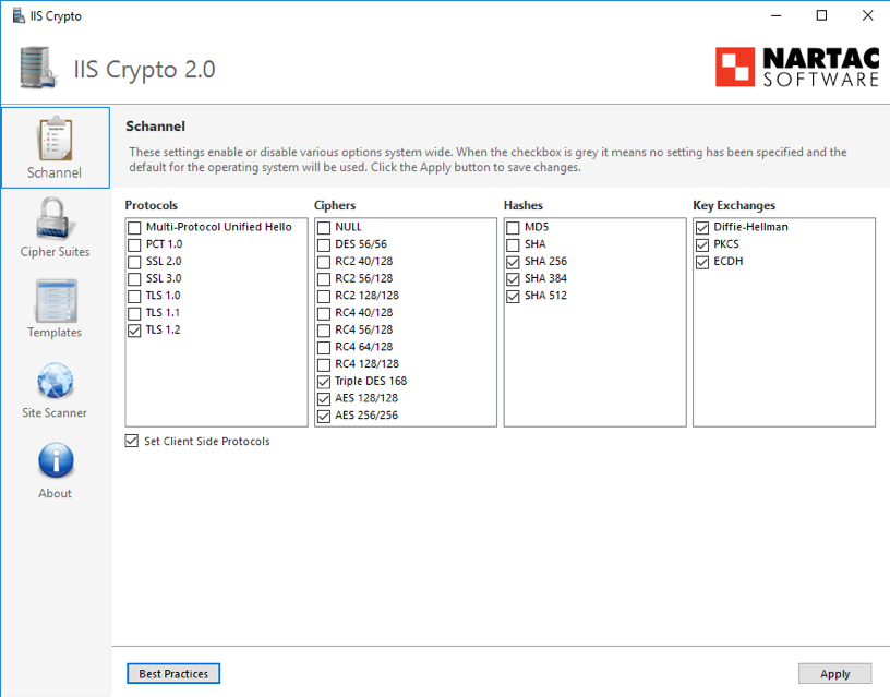 Screenshot from IISCrypto cipher suite tool