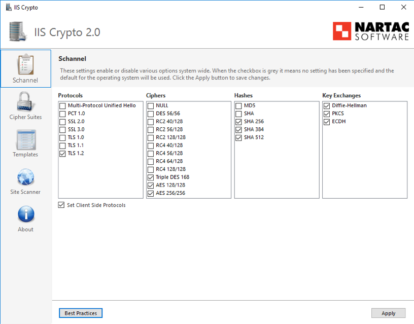 Captura de pantalla de la herramienta de conjuntos de cifrado de IISCrypto