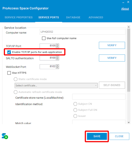 'Service ports' tab