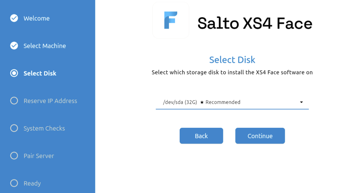 XS4 Face Server Installer Disk Selection