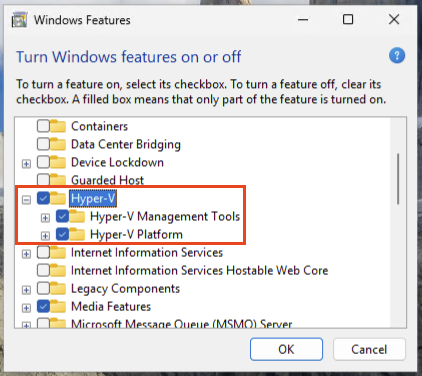 Enable Hyper-V Windows Features